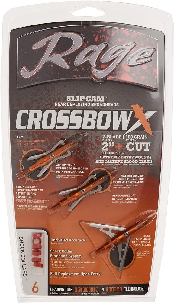 Rage Crossbow X, 2-Blade Archery Arrow Broadhead, 100 Grain with Shock Collar Technology