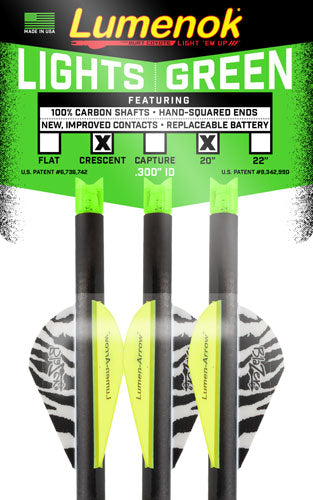 Lumenok Xbow Arrow 20" Carbon - Grn Lighted Crescent Nock 3pk