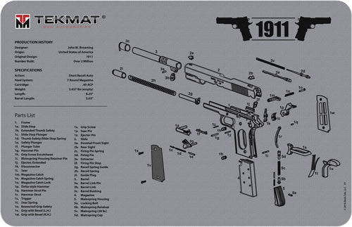 Tekmat Armorers Bench Mat - 11"x17" 1911 Pistol Grey