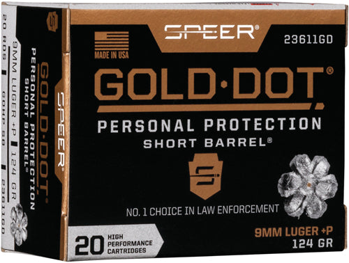 Speer Gold Dot Short Bbl 9mm - 20rd 10bx-cs Lugr+p 124gr Gdhp