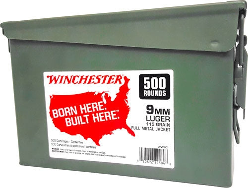 Winchester 9mm Luger Case Of 2 - Ammo Can 2-500rd 115gr Fmj Rn