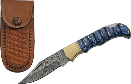 Szco Rite Edge 3" Blue Grooved - Wood Damascus Lockback W-shth